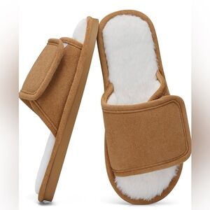 Cozy Faux-Shearling Open-Toe Slide Slippers - Camel/White